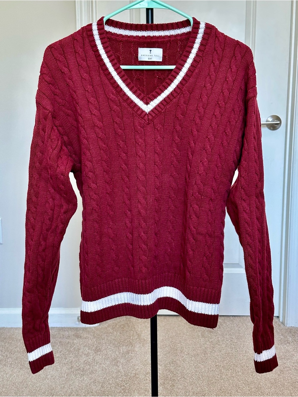 American Tall Deep Red Cable V-Neck Sweater with White Trim